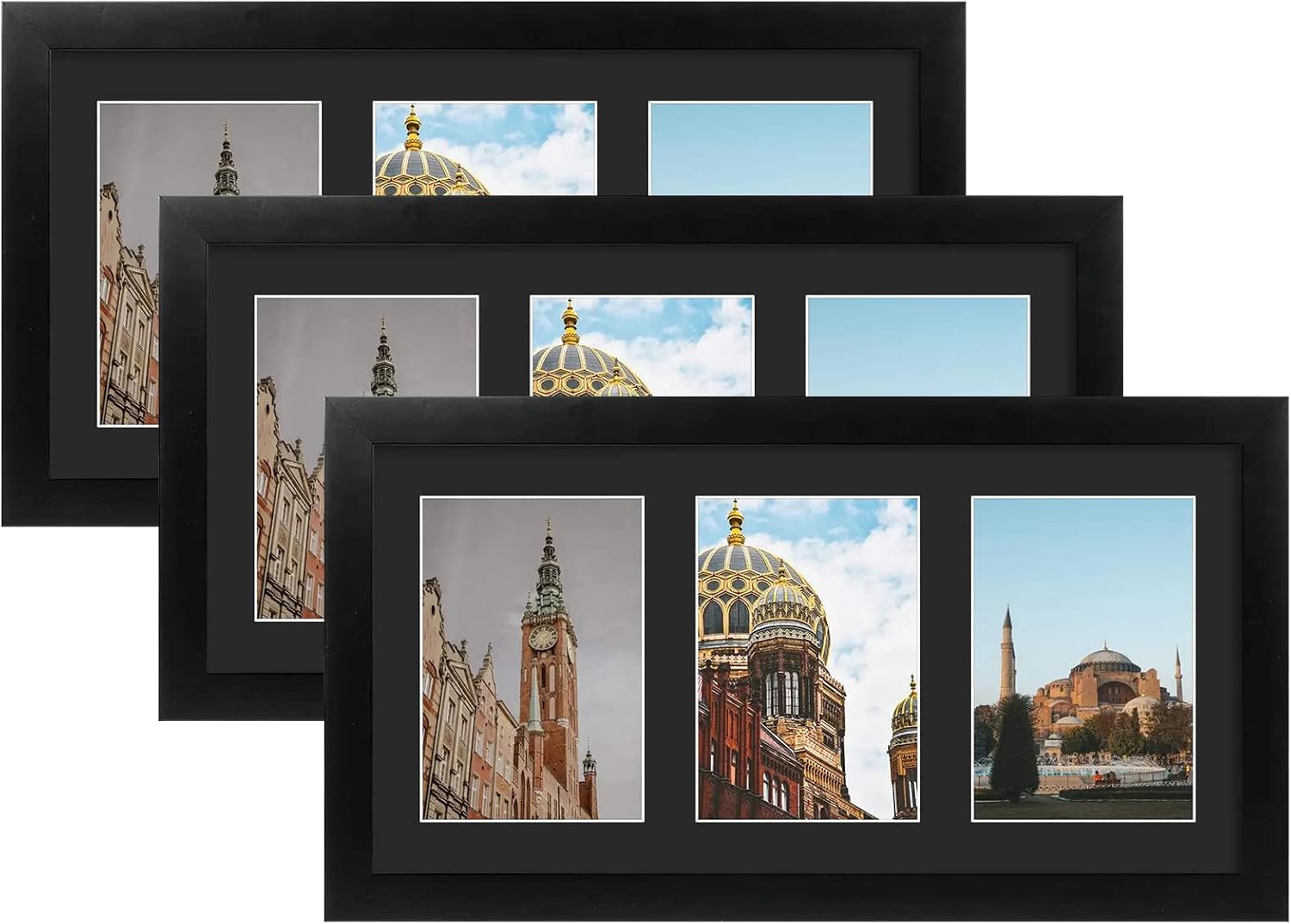 Golden State Art, Set of 3, 9x18 Black Wood Frame - Black Mat for Three 5x7 Pictures - Sawtooth Hangers- Swivel Tabs - Wall Mounting - Landscape/Portrait - Real Glass - Collage Frame