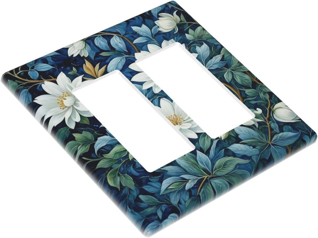 White Flowers Green Leaves Dual Outlet Covers Wall Plate 2 Gang Rocker Decora Decorative Switchplate Electrical Faceplate GFCI Light Switch Covers for Farmhouse Living Decor