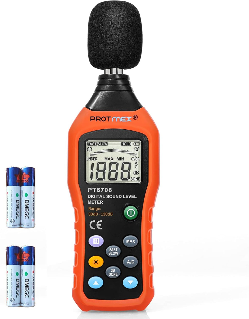 Protmex PT6708 Sound Level Meter, Digital Decibel Reader Measurement, Range 30-130 dB, Accuracy 1.5dB Noise Meter with Large LCD Screen Display, Fast and Slow Selection (Batteries Include)