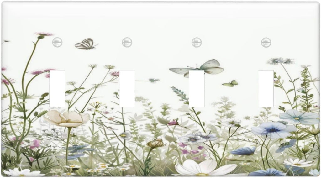 Colorful Wildflowers Daisy Plant Butterfly Floral Light Switch Covers Quad Toggle Electrical Faceplate 4 Gang Wall Plate Decorative Switch Plates for Bed Room Living Room Decor