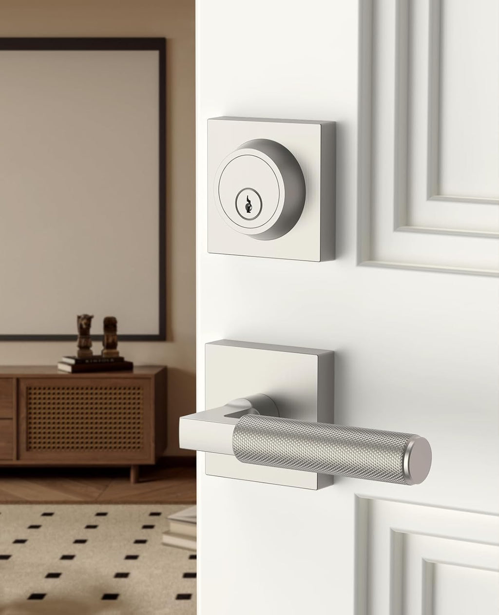 Asidrama Premium Brushed Satin Nickel Zinc-Alloy Front Door Lock Set: Double Cylinder Deadbolt, Heavy Duty Security Handleset for Left/Right Exterior Doors, Universal Entry Locks (2 Pack)
