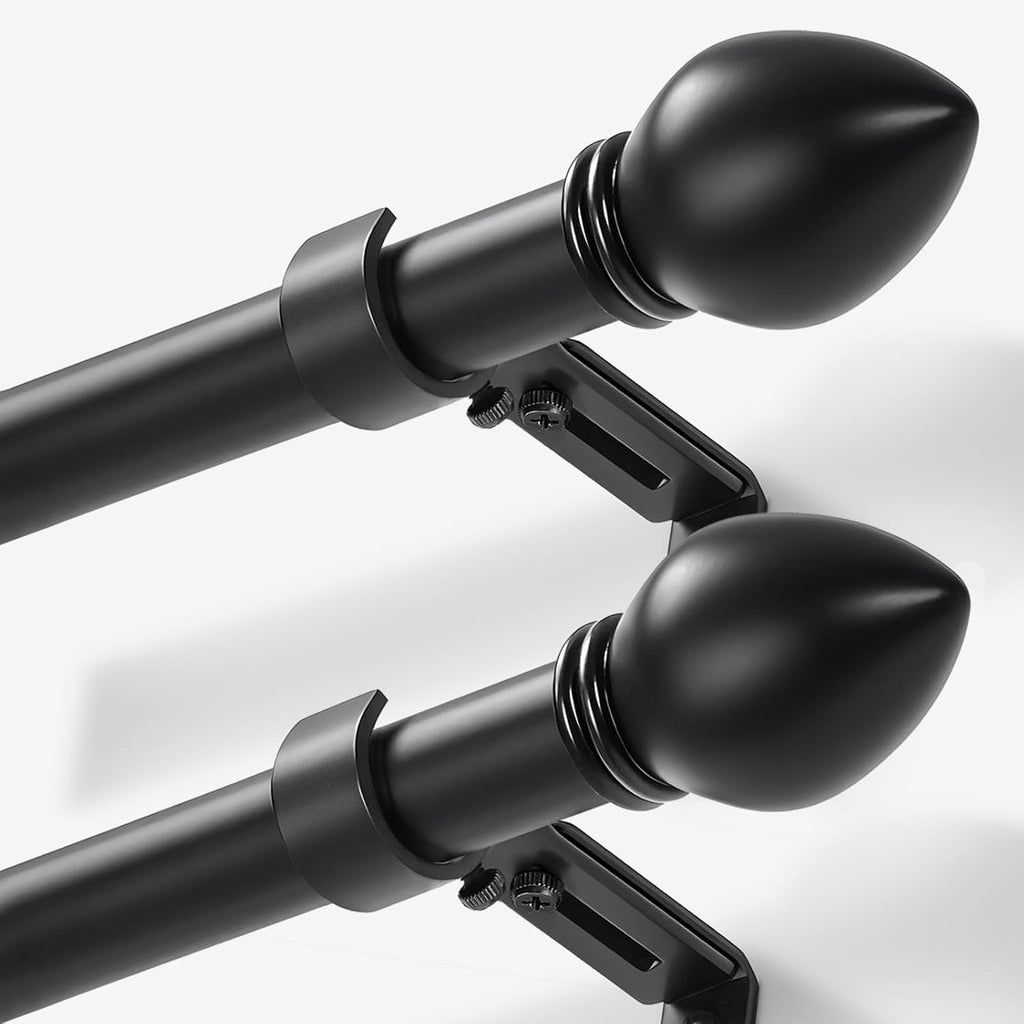 Curtain Rods for Windows 16 to 136 inches, Curtain Rod Max Adjustable Length to 146 in, Drapery Rod 1 inch Diameter with Modern Knobs Finials (Black, 16" to 136" - Set of 2)