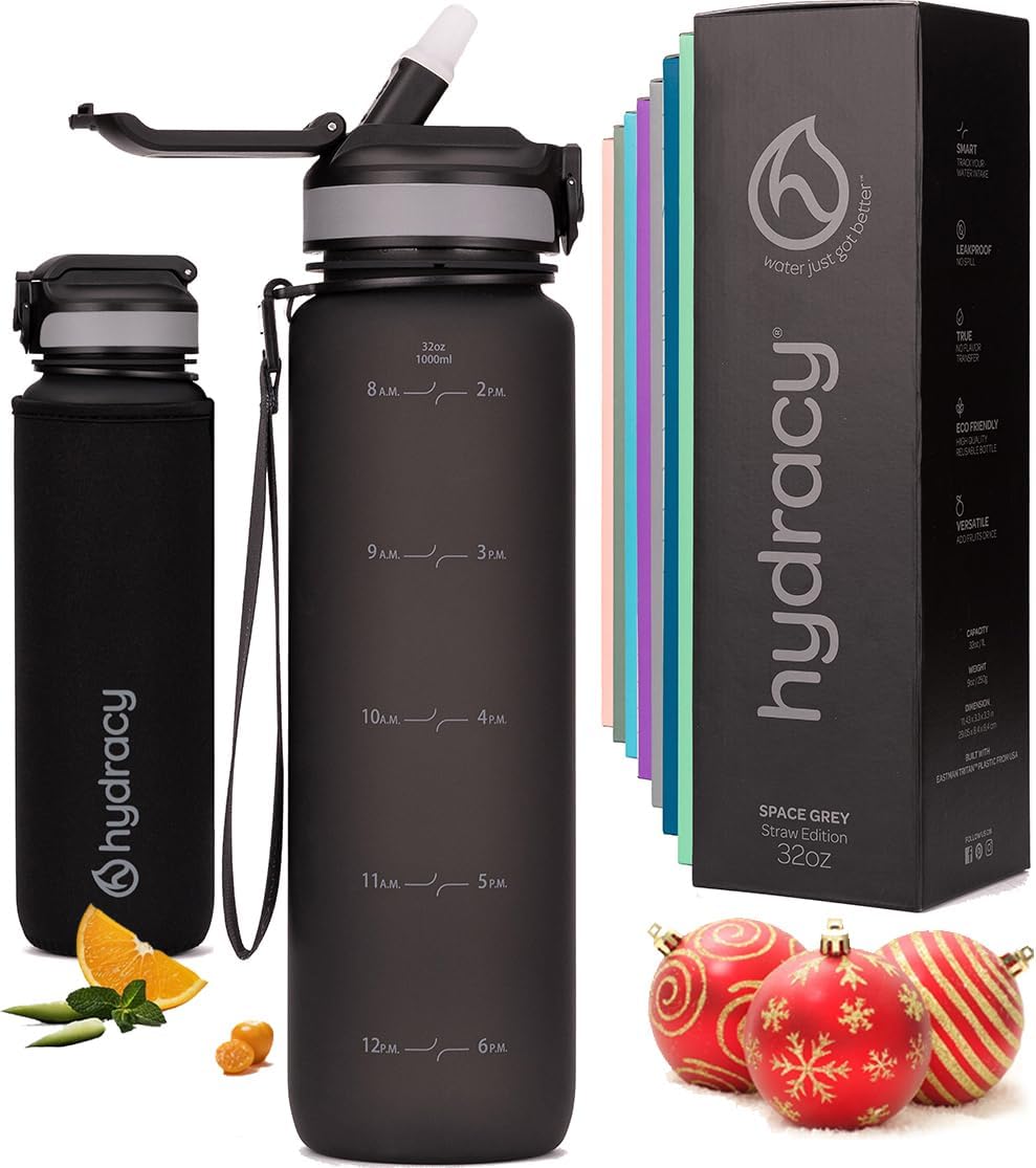 Hydracy Water Bottle with Time Marker -Large BPA Free Water Bottle & No Sweat Sleeve -Leak Proof Gym Bottle with Fruit Infuser Strainer & Times to Drink -Ideal for Fitness Sports & Outdoors