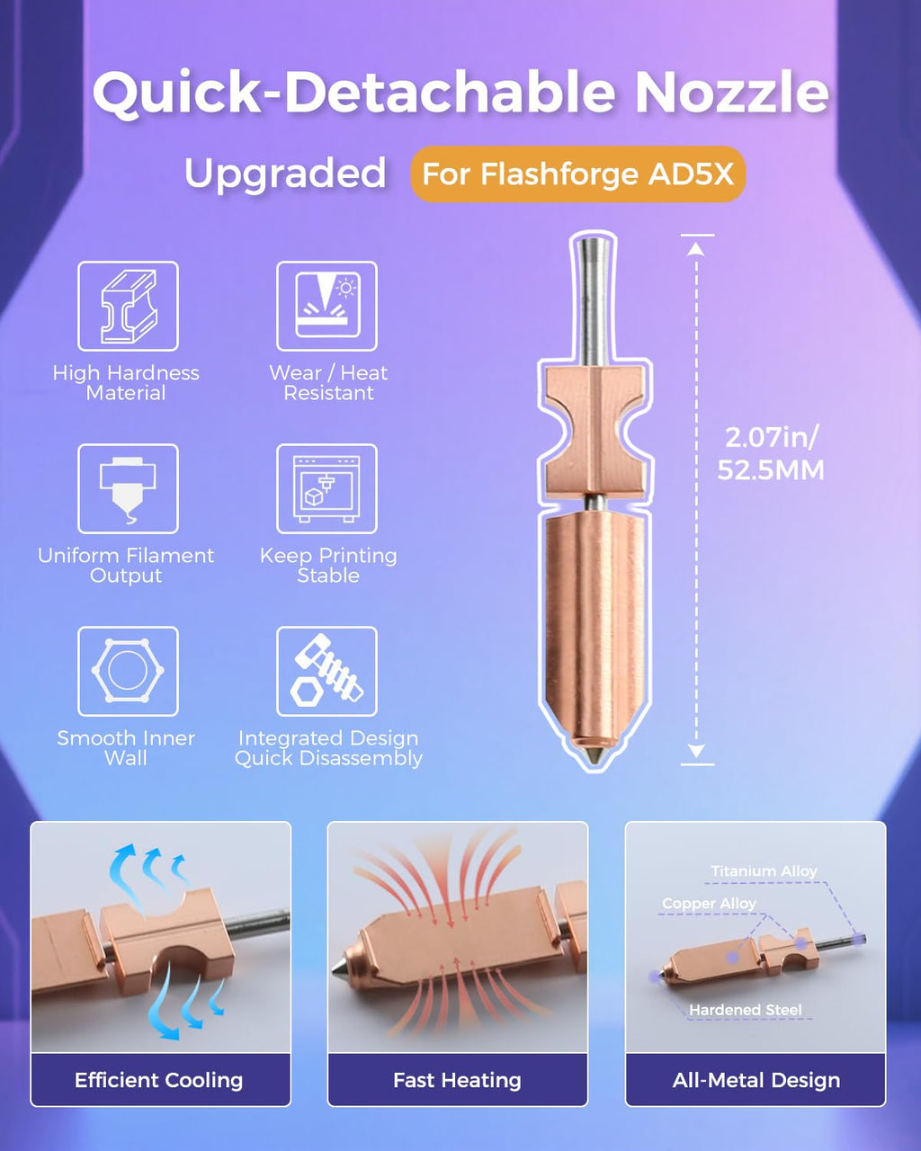 Upgraded 2Pack 0.4MM AD5X Quick-Detachable Nozzle for Flashforge AD5X Hotend Kit, Support 300°C High Temperature and 600mm/s Print Speed, with Silicone Socks/Nozzle Cleaning Kit
