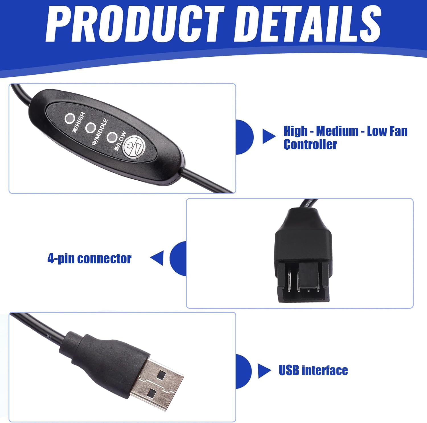 USB Fan Speed Controller, 3 Voltage Settings 5V/7V/9V with LED, 50cm Cable Length, Touch Switch Cycle Control, Black PVC Box, DIY Cooling/Desktop Fan Modification