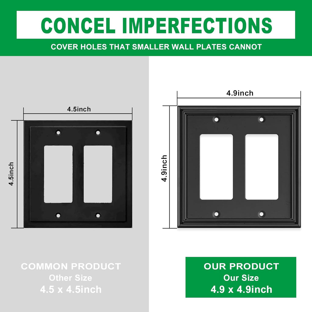 Black Modern Decorative Wall Plate Light Switch Cover Decorator Outlet Covers Rocker Switch Plates Bamboo Fiber Material Wall Plates for Kitchen Bathroom (2 Gang Double Decorator-2 Pack)
