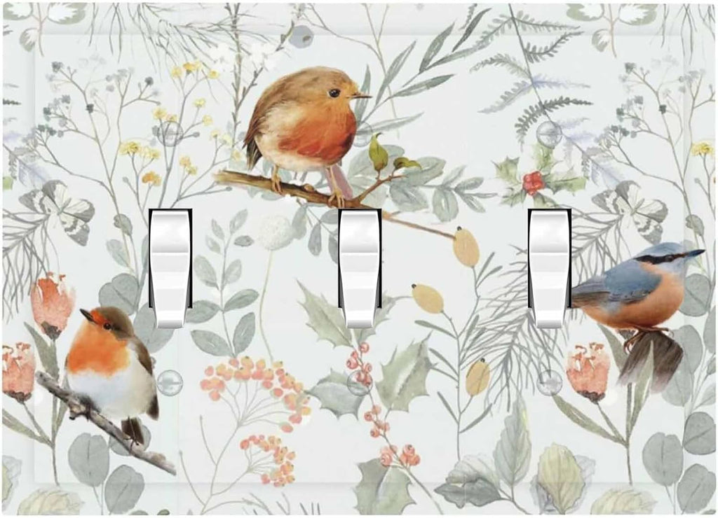 Decorative Switch Plates Red Floral Berries Colorful Bird Plant 3 Gang Wall Plate Triple Toggle Light Switch Cover Faceplate Electrical Wall Panels For Bed Room Living Room Decor