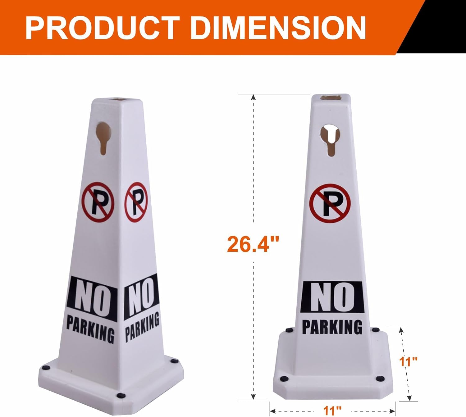 26.5" Caution Cones, 4-Sided Visible Safety Signs with Heavy Rubber Base, Warning for Slip & Fall Prevention, Indoor/Outdoor Use (8, No Parking-White, 26.5 inch)
