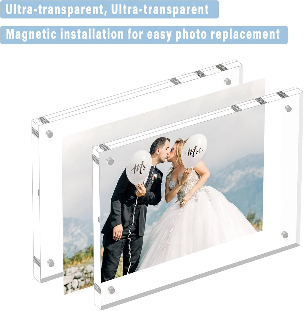HELPLEX 3 Pack 3.5x5 Acrylic Picture Frames, 20mm Thicker Frameless Clear Frame Double Sided Magnetic Frame, Free Standing Desktop Display Stand Acrylic Frames