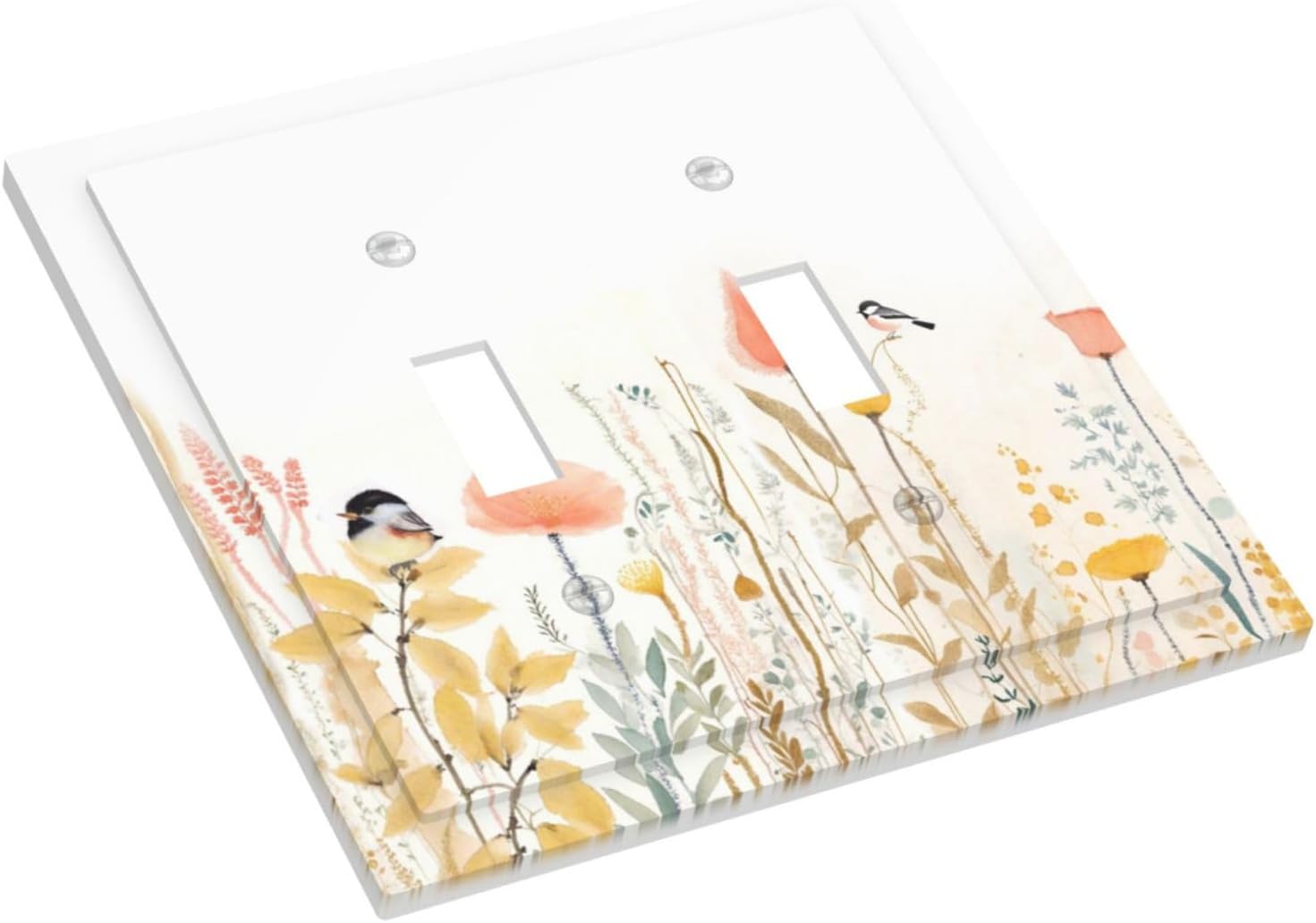 Decorative Switch Plates Colorful Floral Watercolour Cuddly Bird 2 Gang Double Toggle Outlet Light Switch Cover Wall Plate Electrical Faceplate For Bed Room Living Room Decor