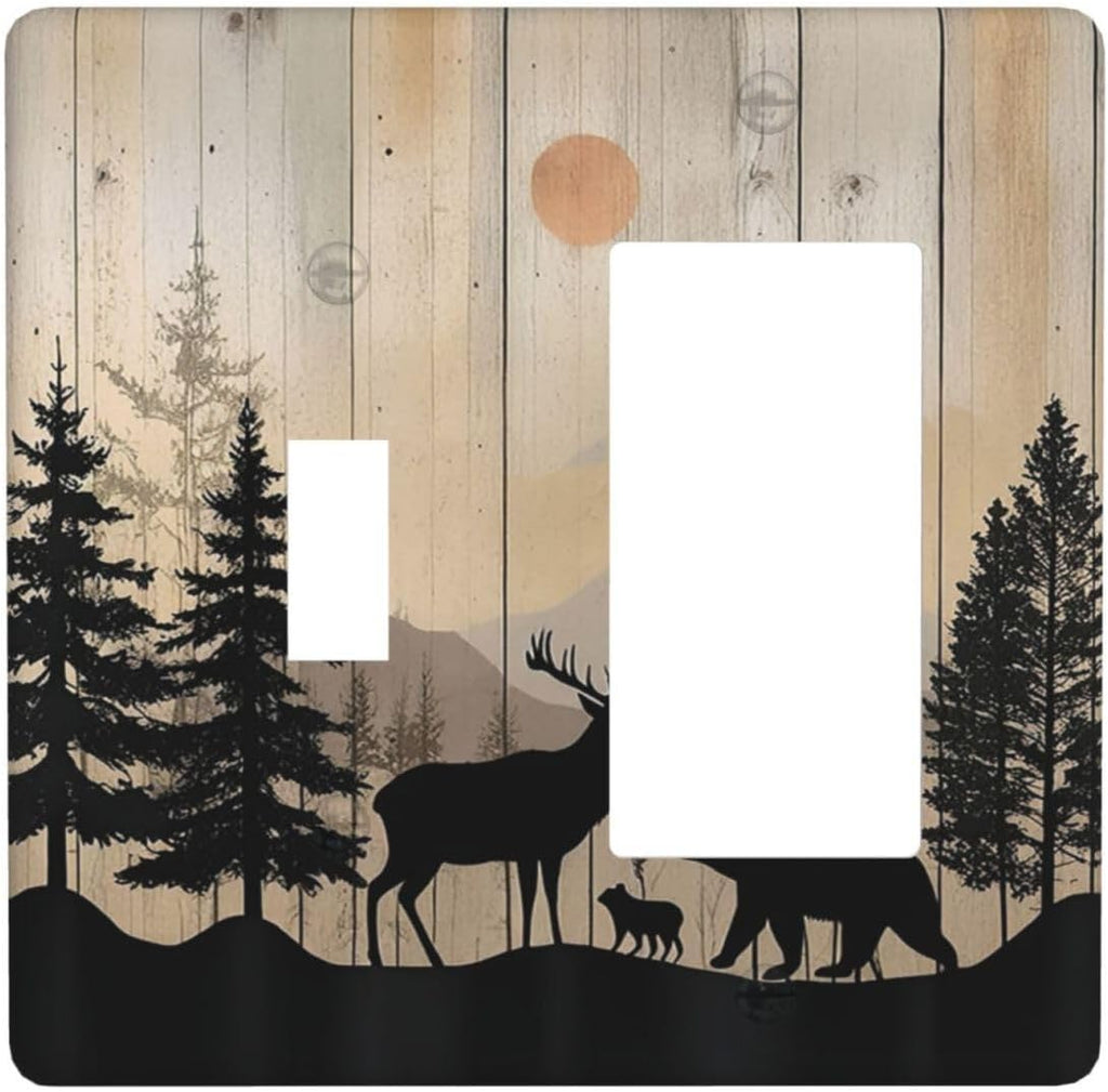 Outlet Covers Wood Board Wildlife Cute Bear Deer Forest Rustic 1 Toggle 1 Rocker Combination Decorative Wall Plate Electrical Switch Plates Light Switch Cover Plate for Bathroom Farmhouse