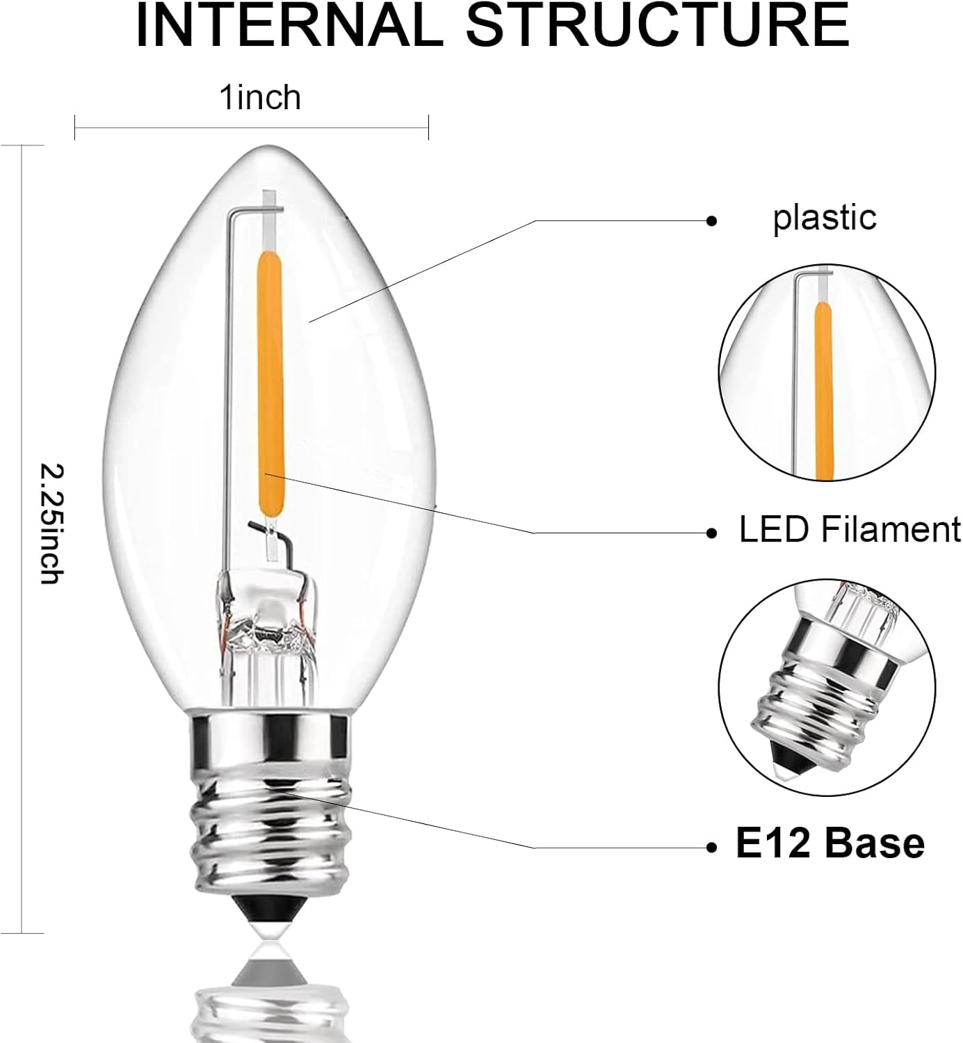 C7 LED Replacement Bulbs,25 Pack 0.6W C7 LED Christmas Lights Bulbs for String Lights,E12 Base,Warm White 2700K Waterproof Vintage Clear Bulbs for Night Light Candles Garden,Christmas