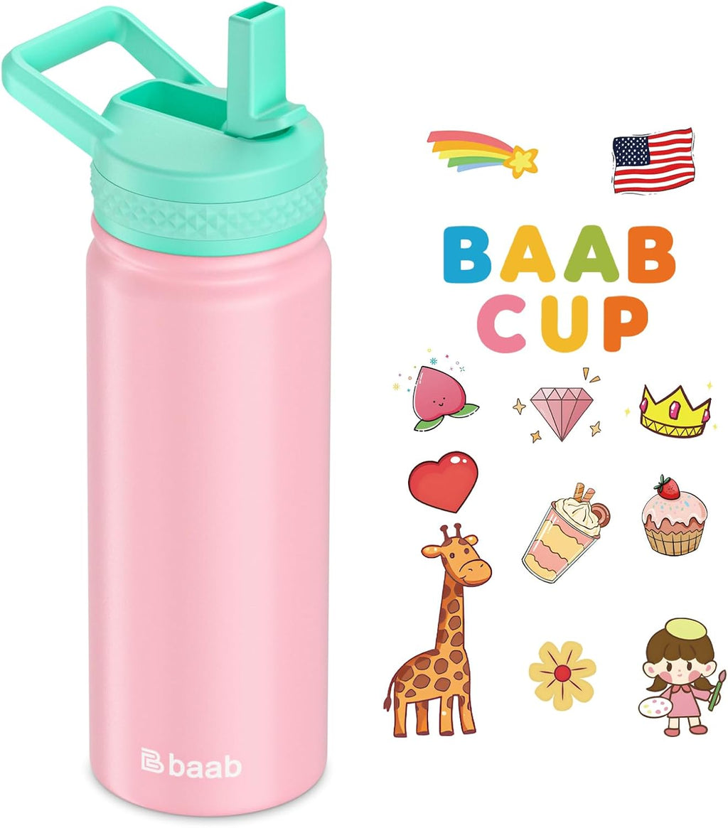 baab 18oz Kids Water Bottle, Insulated Water Bottle with Straw & Stickers, 18/8 Stainless Steel Vacuum Leakproof Kids Water Straw Cup for School, Perfect for Boy Girl (Pink, 1 Pack)