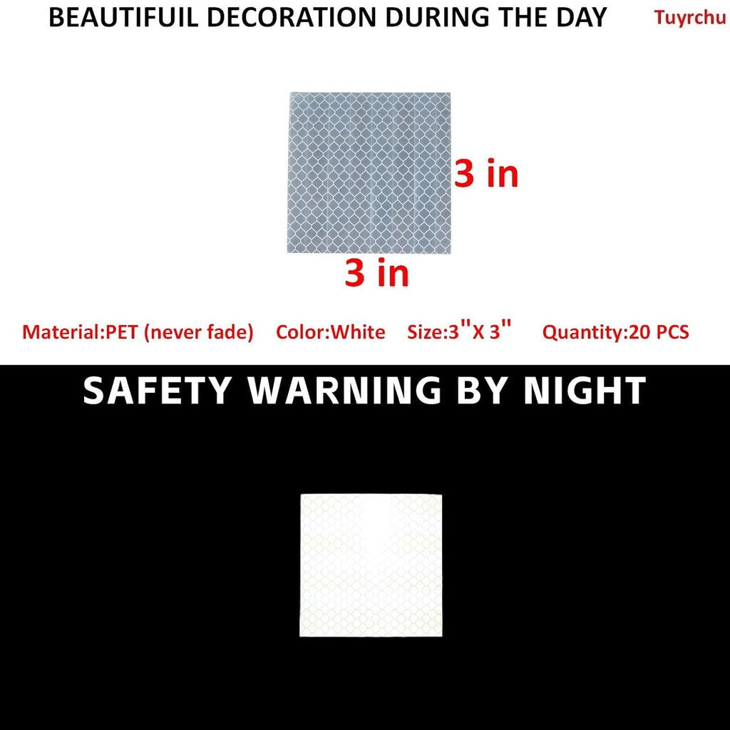 Non Fading White Reflective Stickers 3 inch X 3 inch, Outdoor Waterproof High Visibility Warning Safety Adhesive Reflector Tape (20 Pcs)