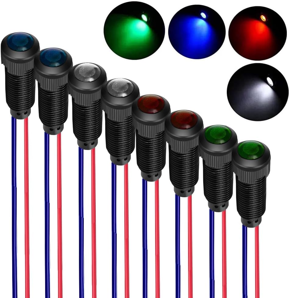8pcs Red/Blue/Green/White LED Indicator Pilot Light 110VAC Mounting Hole Size 8mm(Flame Retardant Plastic Shell)