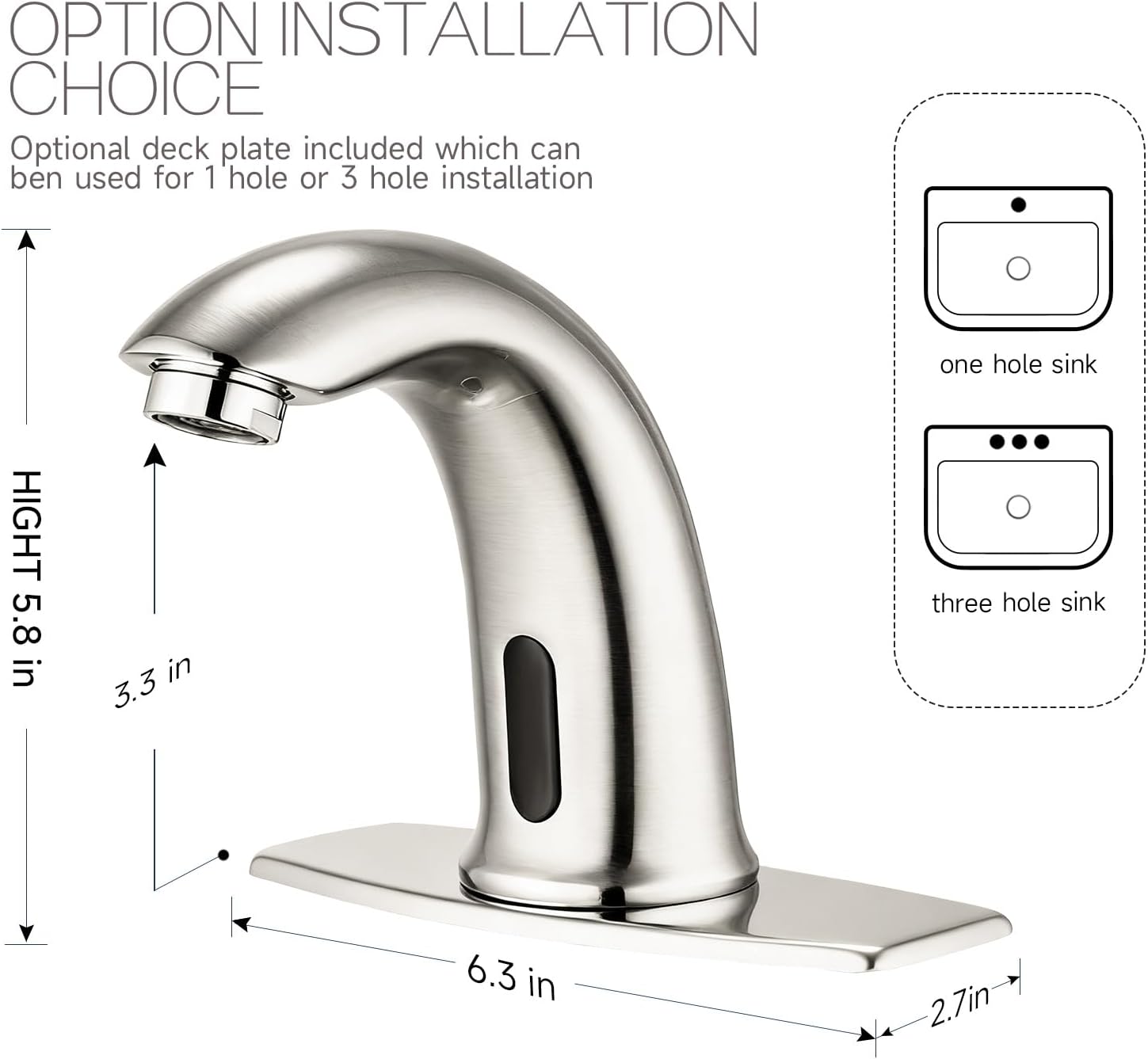 Touchless Bathroom Sink Faucet Automatic Motion Sensor Hands Free Faucet with Hole Cover Plate and Temperature mixing water valve,Commercial Solid Brass Faucet,1 Hole or 3 Hole, AC/DC Powered (Nickel)