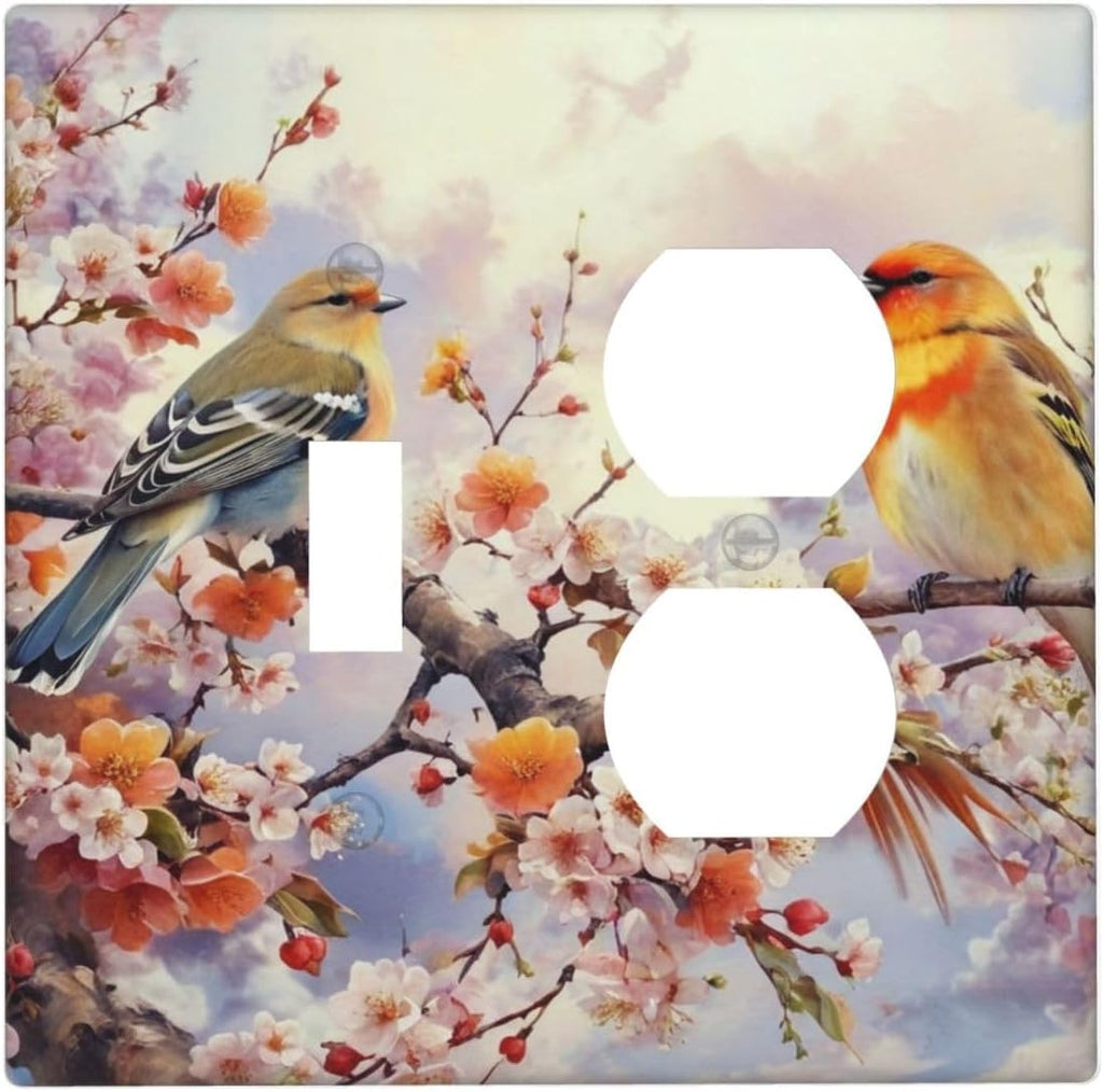 Decorative Outlet Covers Birds Sitting on Tree Branch Pink Flower 2 Gang Wall Plate Single Toggle Duplex Light Switch Cover Switch Plate Covers Faceplate for Bedroom Home Decor