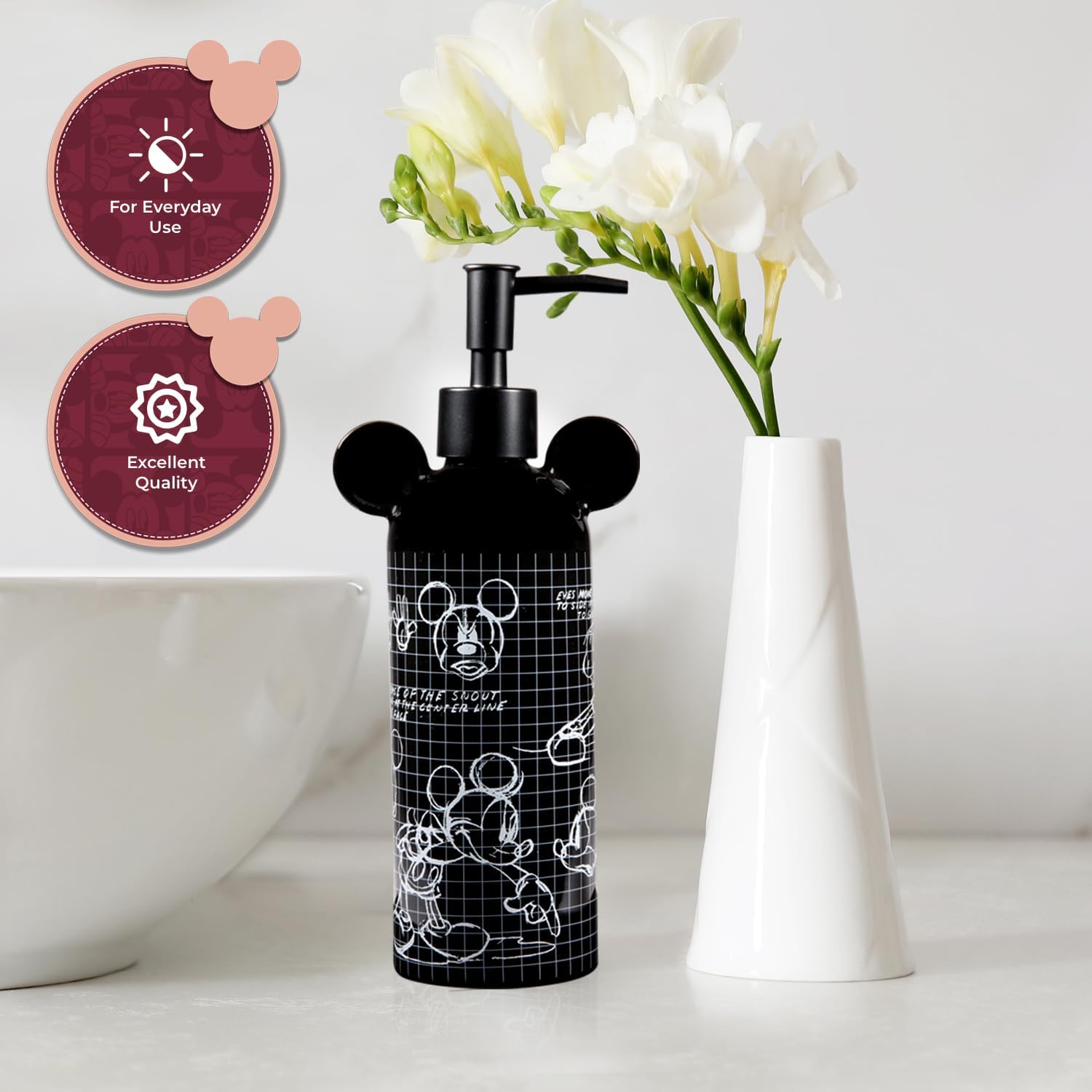 Disney Mickey Mouse Ceramic Soap Dispenser – Black Hand Soap Dispenser or Lotion Pump, Bathroom Decor and Kitchen Accessories – Officially Licensed Disney Home Decor