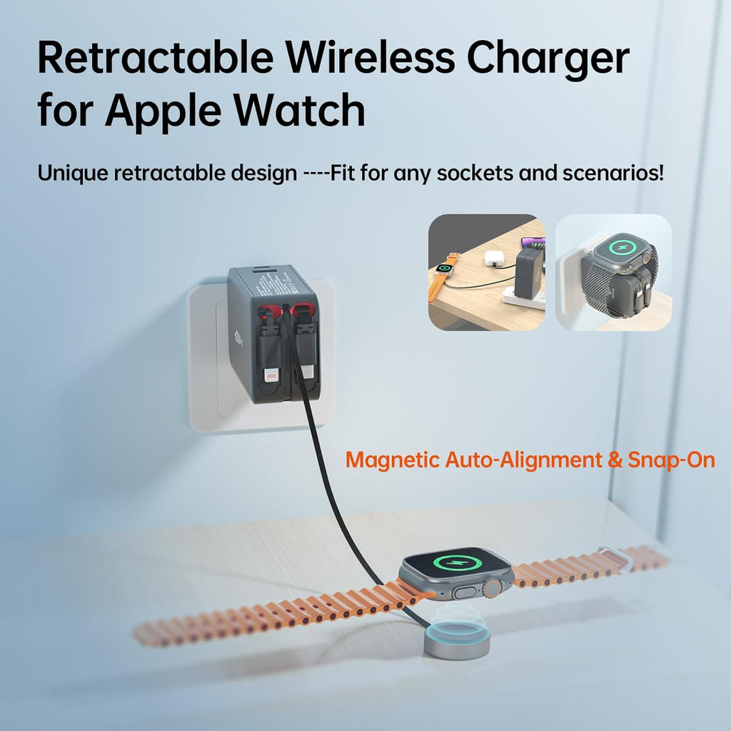 Retractable Apple Watch Charger, 5 in 1 Travel Charging Station for Apple Devices, Retractable Chargers for Multiple Devices with Multi Charging Cable, Charger Block for Apple Gear (Grey)