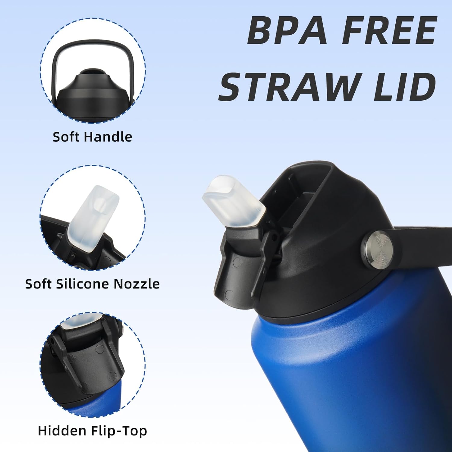 BJPKPK Water Bottle with Straw Lid, 32oz Vacuum Insulated Water Bottles, Metal Stainless Steel Thermo for Sports, Travel, BPA Free Leak Proof Thermo, Cups, Flasks, Tumblers,Black Blue