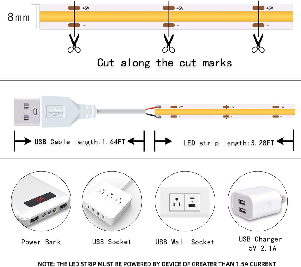 Led Strip Lights 5V USB Short COB LED Strip Light 3Pack 3000K Warm White Small Flexible Not Dimmable USB led Lights for Indoor Home DIY Lighting Room Decor 5V LED TV Lights (3.28FT/1M*3)