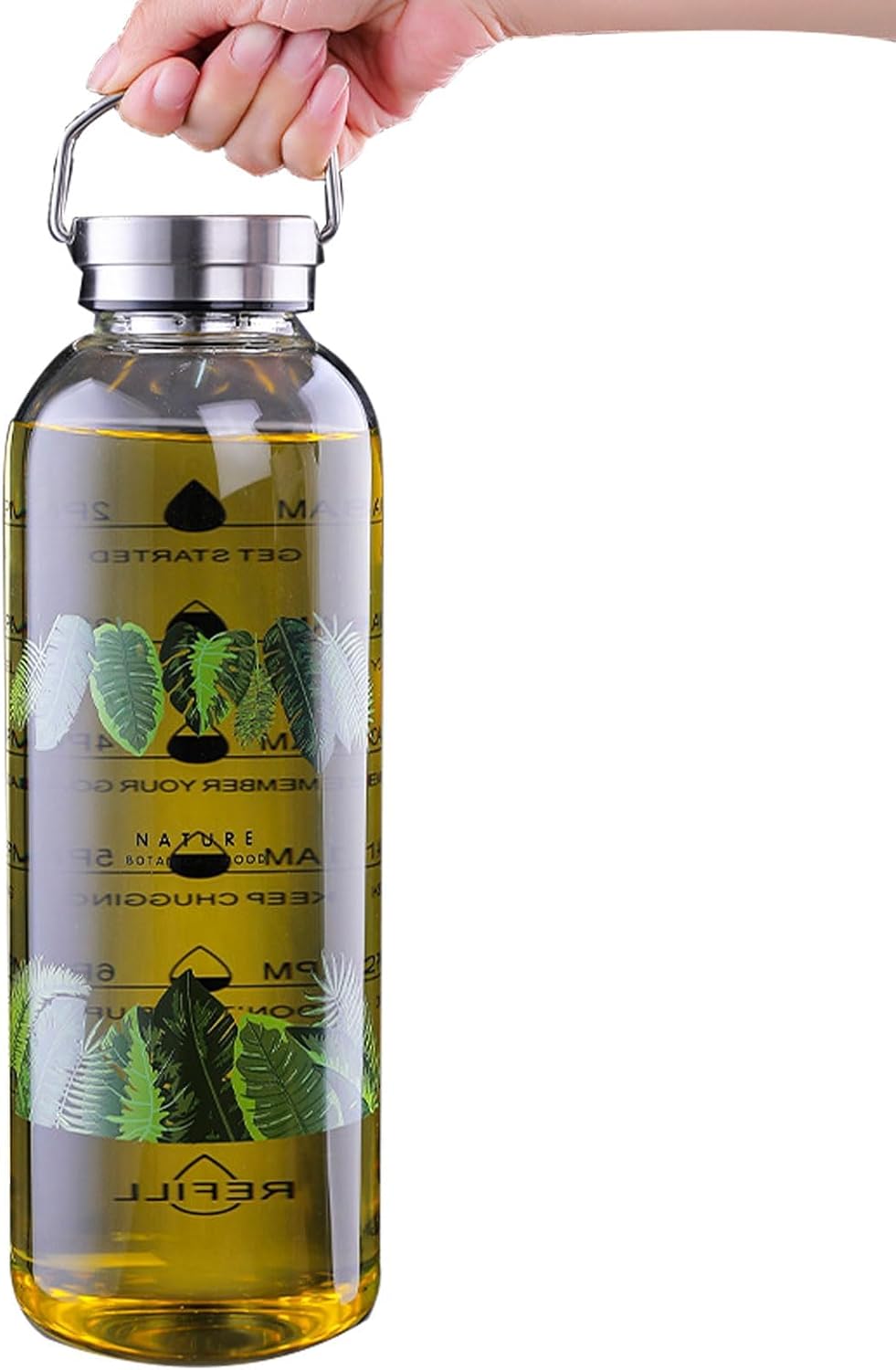 50 oz Glass Water Bottle with Time Markers – 1500ml Borosilicate Sport Bottle, Stainless Steel Handle & Strainer, BPA-Free, Leak-Proof (Leaf Green, Silver Lid)