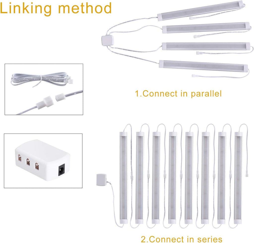 LABOREDUCER Under Cabinet Lighting Wired Plug in or Hardwired Cold White 6000K, 8 Pack 11inch Linkable Dimmable LED Under Cabinet Lights with Power Adapter,24V Under Counter Lights for Kitchen