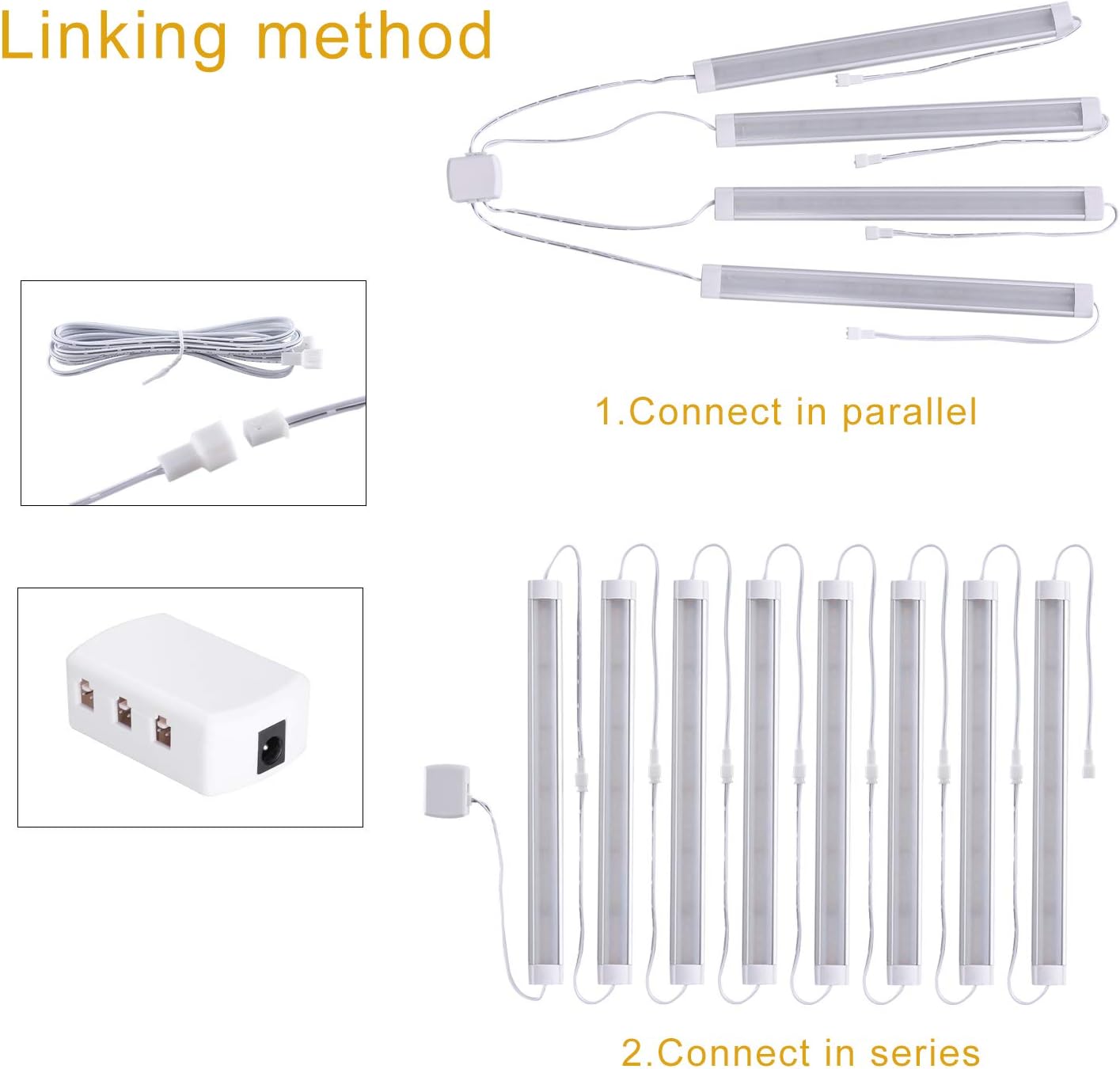 LABOREDUCER Under Cabinet Lighting Wired Plug in or Hardwired Cold White 6000K, 8 Pack 11inch Linkable Dimmable LED Under Cabinet Lights with Power Adapter,24V Under Counter Lights for Kitchen