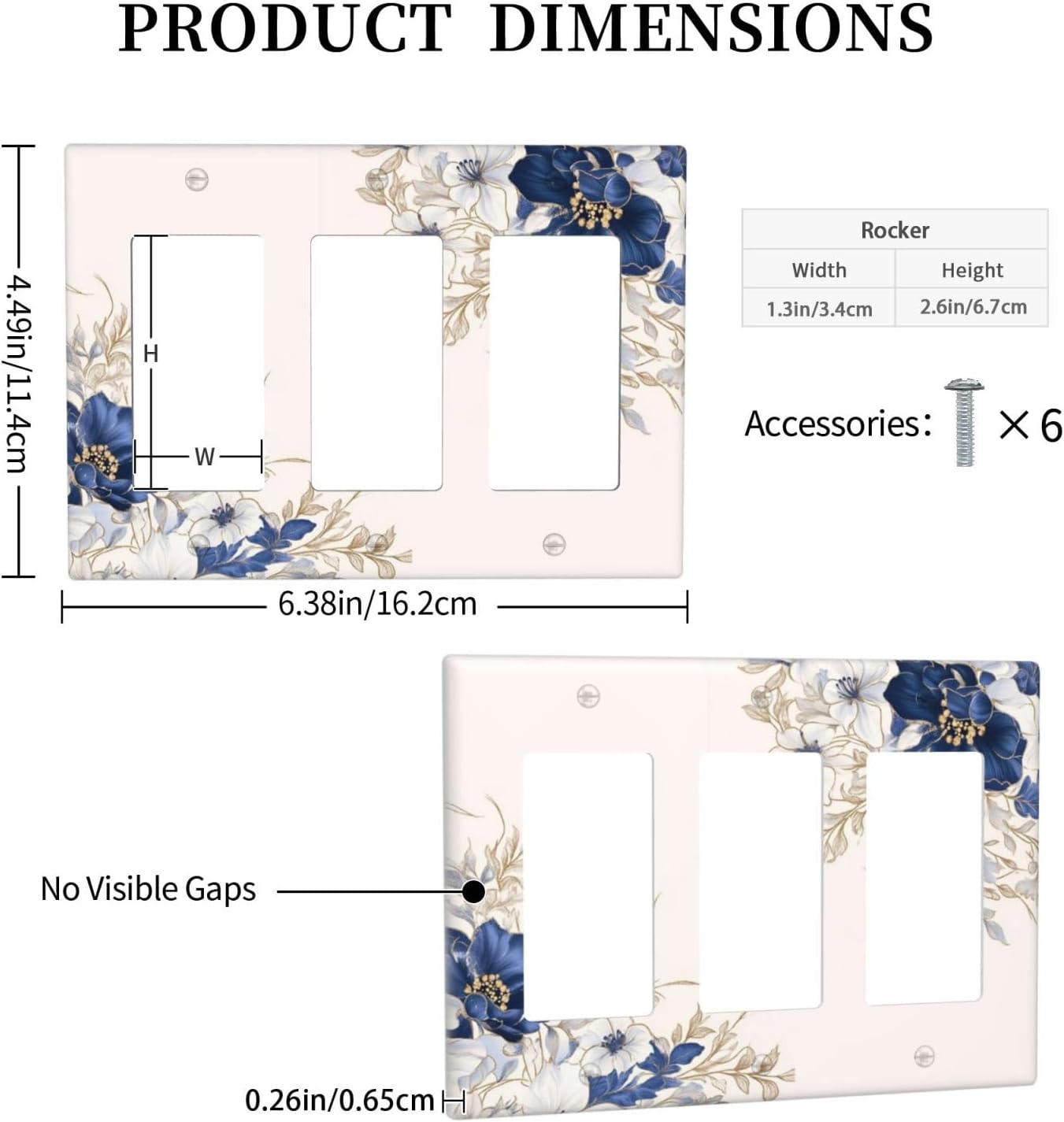 Decorative Outlet Covers Rustic Blue Beige Flower Peony Floral 3 Gang Light Switch Cover Plate Triple Rocker Wall Plates for Electrical Outlets Switch Plate Covers for Bedroom Home Decor