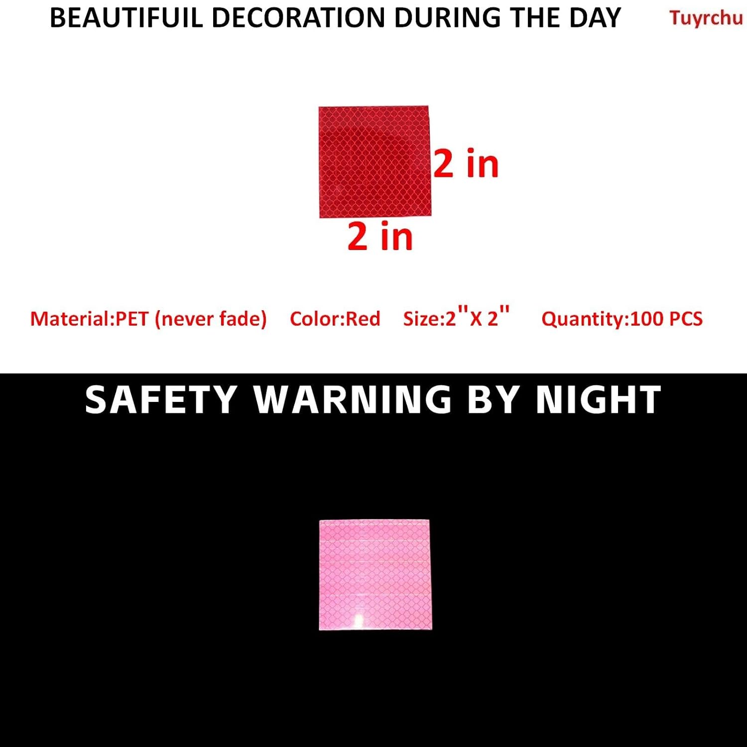 Non Fading Red Reflective Stickers 2 inch X 2 inch, Outdoor Waterproof High Visibility Warning Safety Adhesive Reflector Tape (100 Pcs)
