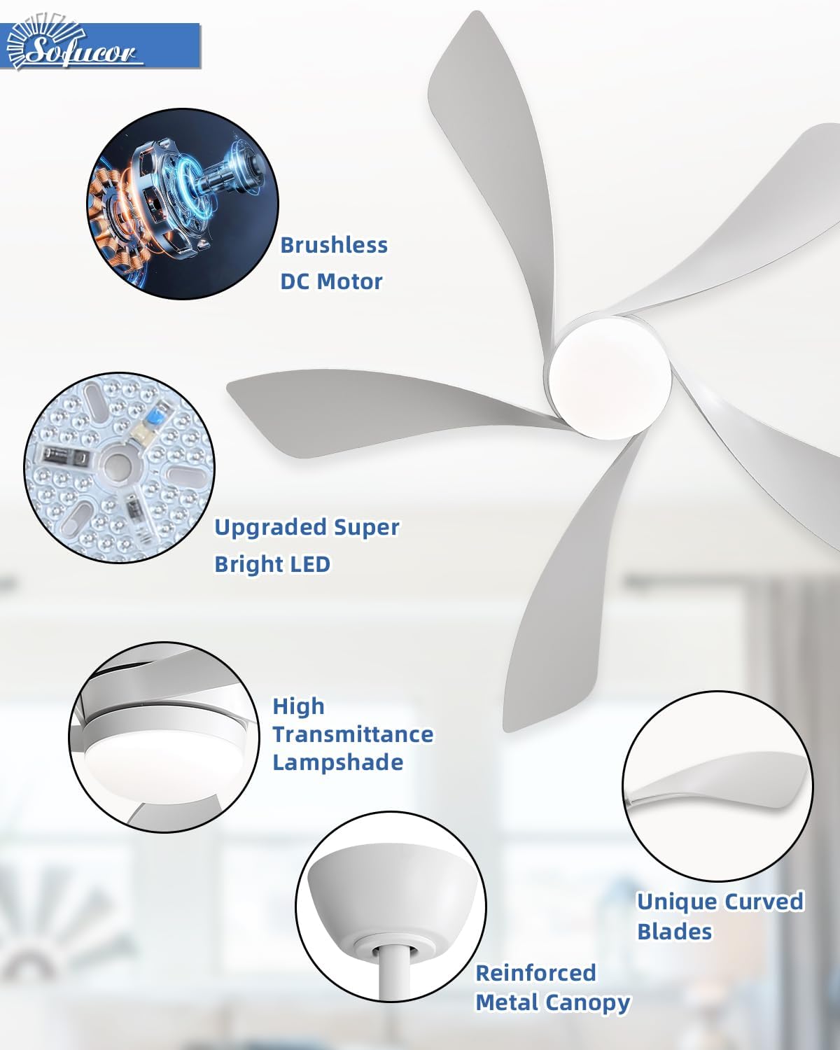 Sofucor 45" Smart Ceiling Fan, Indoor/Outdoor White Ceiling Fans with Lights and Remote, Works with Alexa/Google/App, 3-Color Light 6-Speed Timing Reversible DC Motor for Bedroom Living Room Patio