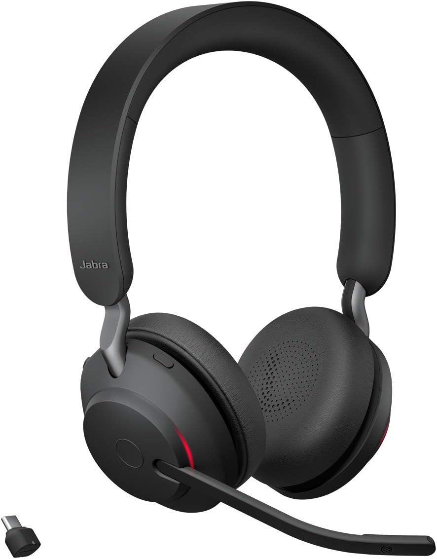 Jabra Evolve2 65 UC Wireless Headphones with Link380c, Stereo, Black – Wireless Bluetooth Headset for Calls and Music, 37 Hours of Battery Life, Passive Noise Cancelling Headphones