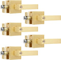 5 Pack Heavy Stain Brass Gold Door Handles, Locked Inside with Button Exterior/Interior Gold Door Knob with Lock Entry Door Lever with Keyed Alike Keys