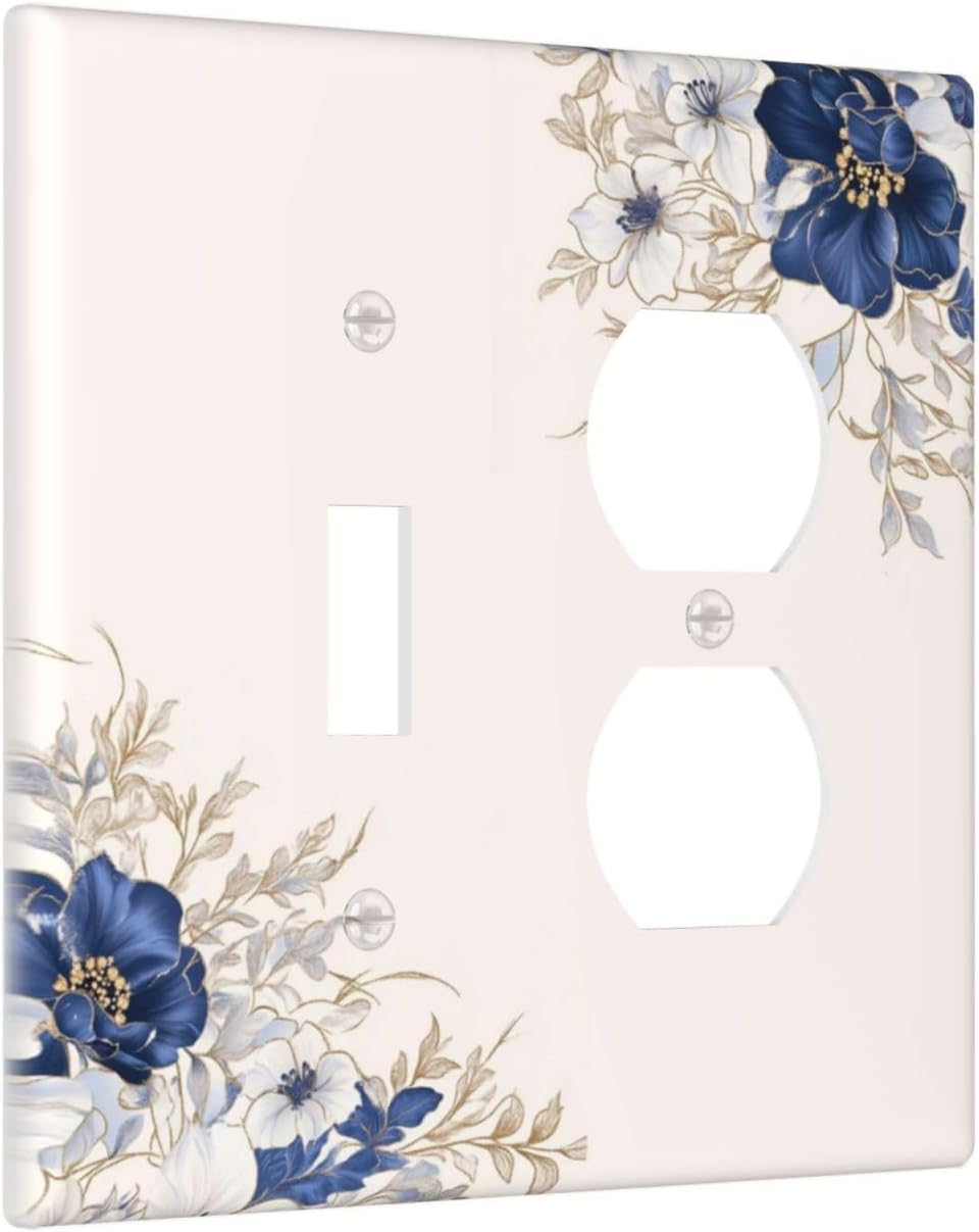 Decorative Outlet Covers Rustic Blue Beige Flower Peony Floral 2 Gang Light Switch Cover Plate Single Toggle Duplex Wall Plates for Electrical Outlets Switch Plate Covers for Bedroom Decor