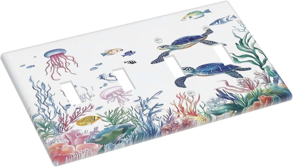 Blue Sea Turtle Ocean Fish Octopus Coral Light Switch Covers Quad Toggle Electrical Faceplate 4 Gang Wall Plate Decorative Switch Plates For Bathroom Kids Room Decor