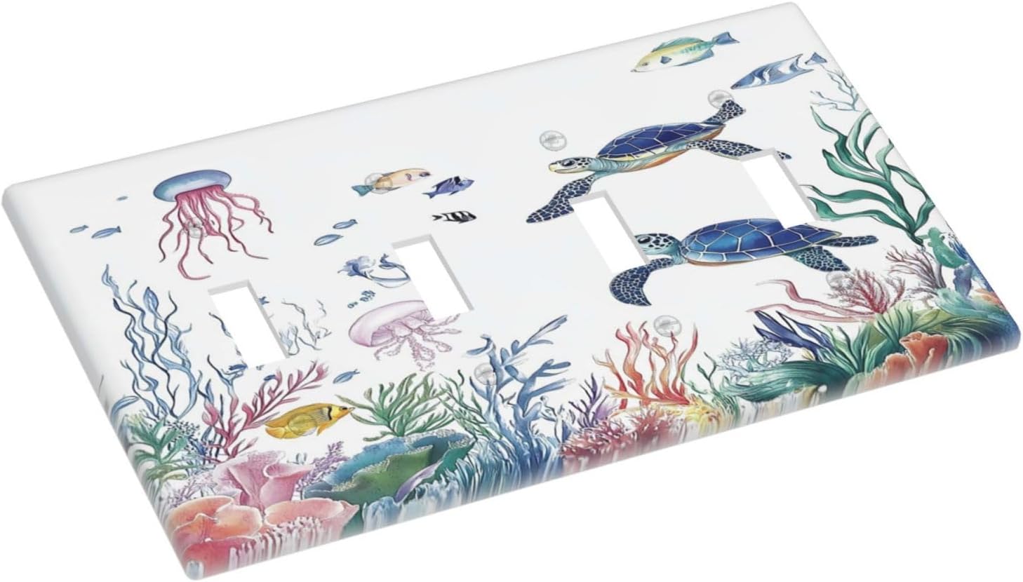 Blue Sea Turtle Ocean Fish Octopus Coral Light Switch Covers Quad Toggle Electrical Faceplate 4 Gang Wall Plate Decorative Switch Plates For Bathroom Kids Room Decor