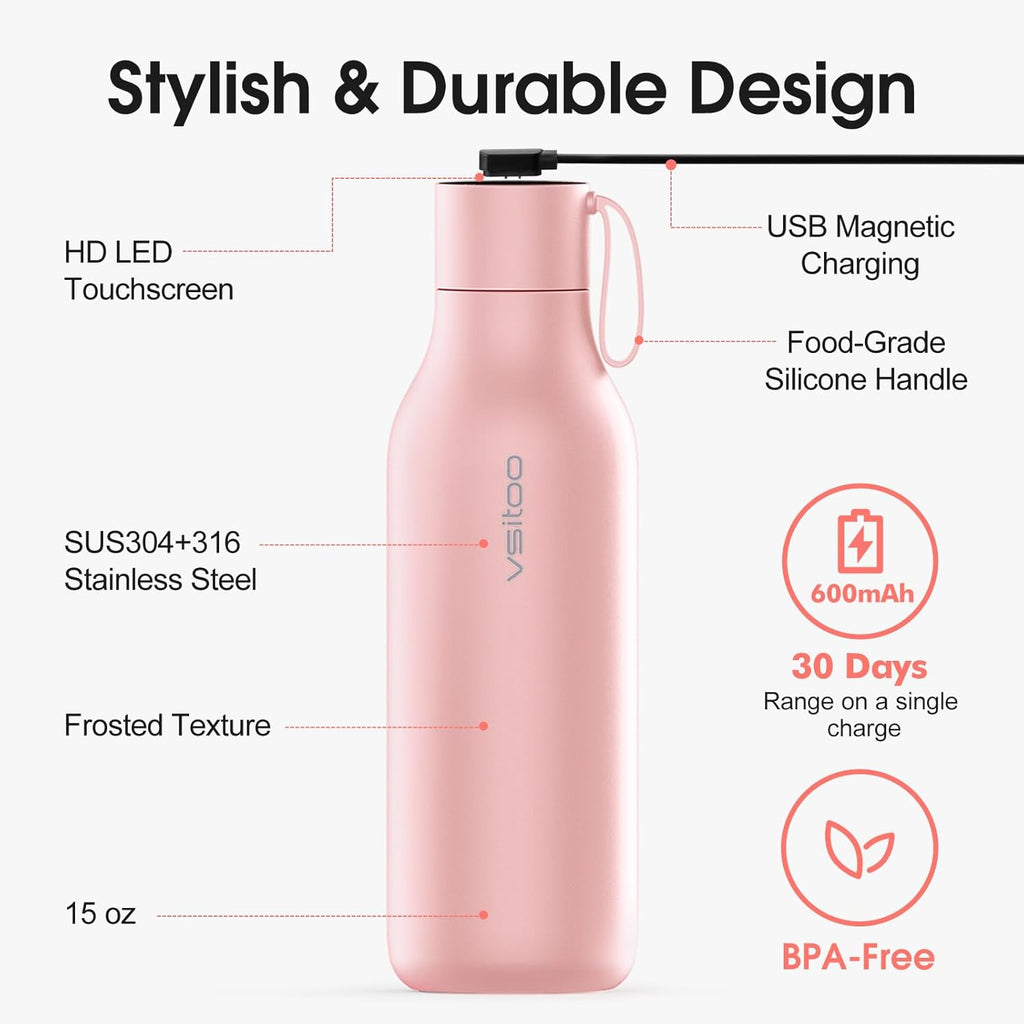VSITOO 33oz Smart Self Cleaning Water Bottle，Insulated Water Bottle with Stainless Steel, BPA-Free, AI Self-Clean, 30-Day Battery, Magnetic Charging for Travel, Gym or Office, Pink