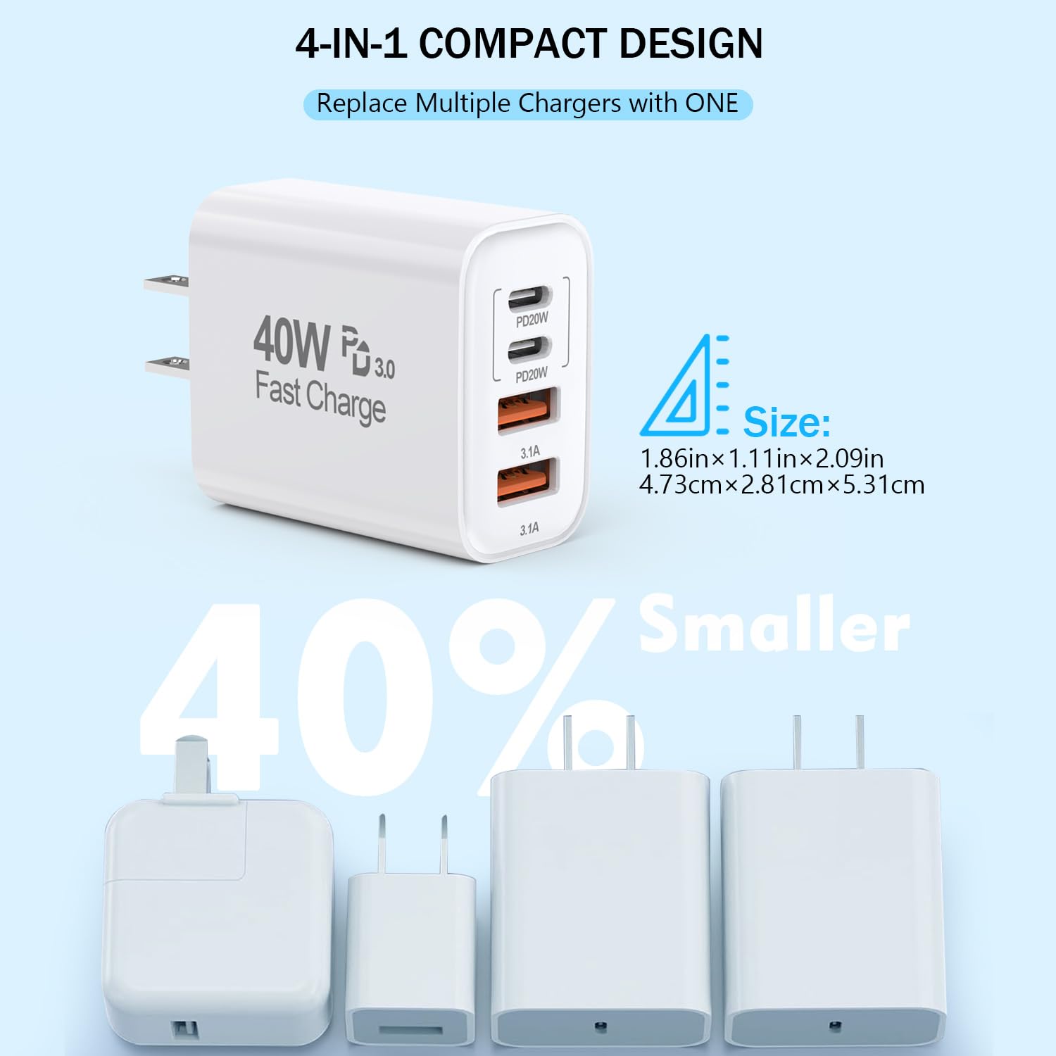 USB C Charger Block, 2Pack 40W 4-Port USB C iPhone Charger Fast Charging Plug Dual Port PD Power Adapter + QC Double Block Multi-port Brick Type C Box Plug for iPhone 16/15/14/13/12/11/Pro Max/XS,iPad