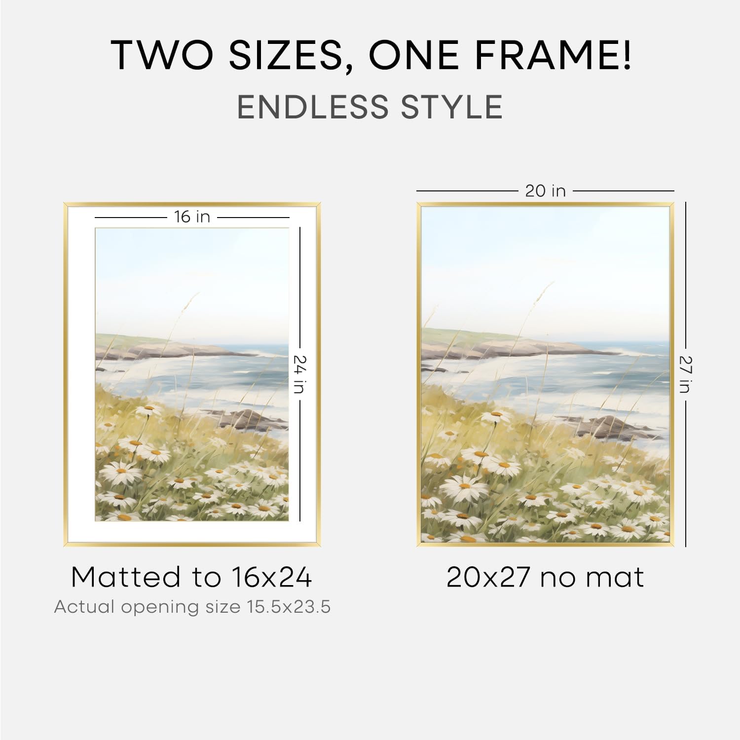 Homeforia 20x27 Picture Frame Gold, High End Metal 20x27 Poster Frames with Mat 16x24 Photo, 20 x 27 Gold Frame Matted to 16 by 24 Print, 27by20 Thin Hanging Frames, Tempered Glass, Wall Kit, Set of 1