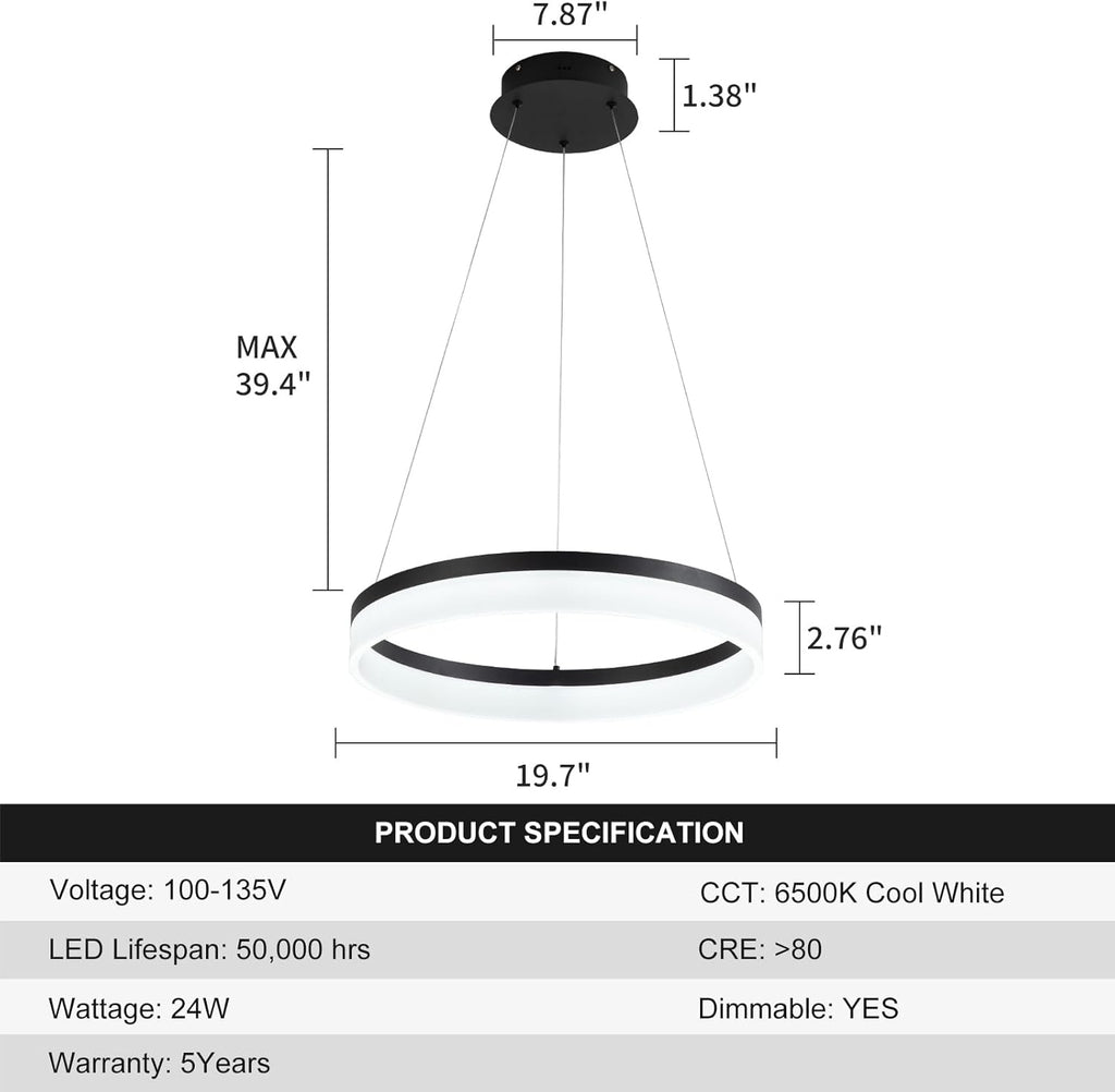 Buccleuch Modern LED Chandelier - Dimmable 19.7" Black Round Pendant Light, Height Adjustable UL-Certified Ceiling Light for Dining Room, Kitchen Island, Living Room, Bedroom, Foyer