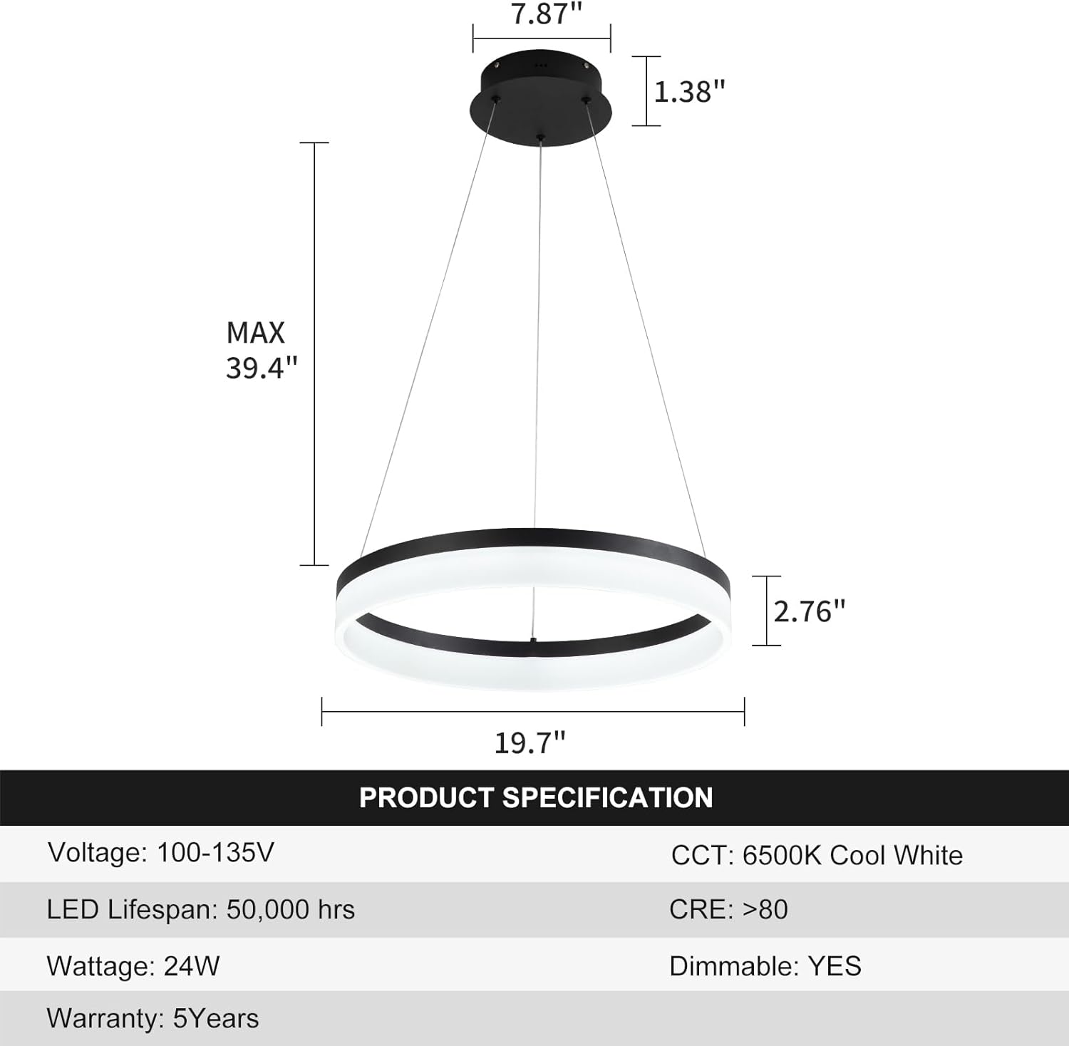 Buccleuch Modern LED Chandelier - Dimmable 19.7" Black Round Pendant Light, Height Adjustable UL-Certified Ceiling Light for Dining Room, Kitchen Island, Living Room, Bedroom, Foyer