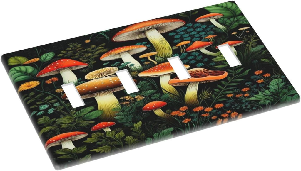 Decorative Light Switch Plate Covers Boho Red Mushroom Green Leaf Plants Floral 4 Gang Wall Plate Switch Cover Plate Quad Toggle Jumbo Electrical Faceplate for Bedroom Home Decor