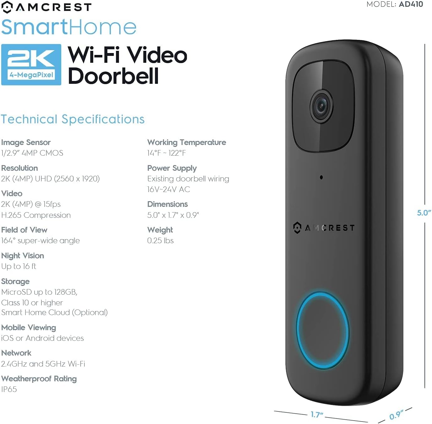 Amcrest 4MP Video Doorbell Camera Pro, Outdoor Smart Home 2.4GHz and 5GHz Wireless WiFi, Micro SD Card, AI Human Detection, IP65 Weatherproof, 2-Way Audio, 164º Wide-Angle Wi-Fi AD410