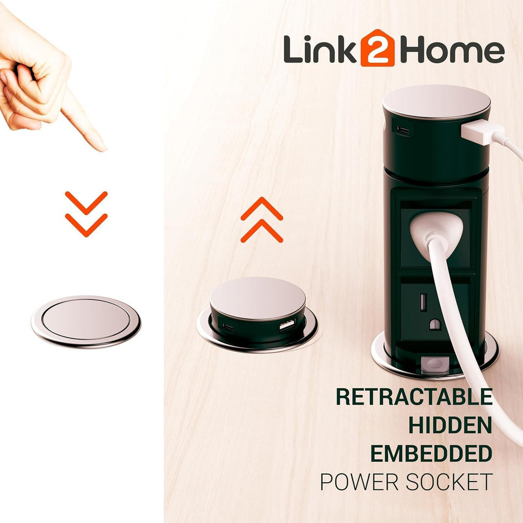 Link2Home 2 Pack Space Saver Pop Up Outlet, 2 Power Outlets, 2 USB Ports A/C 2.4 Amp, Splash Resistant, Overload Protection, Stainless