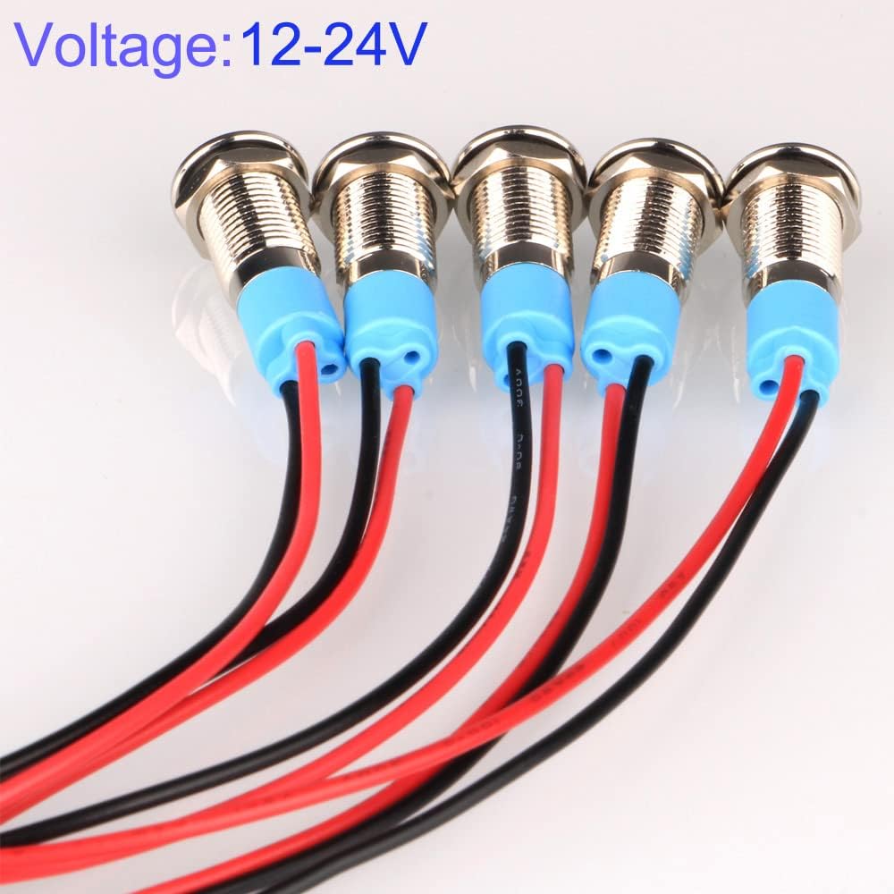 5pcs 8mm LED Metal Indicator Light AC/DC 12-24V Waterproof Signal Lamp Pilot Dash Directional with Wire(White)