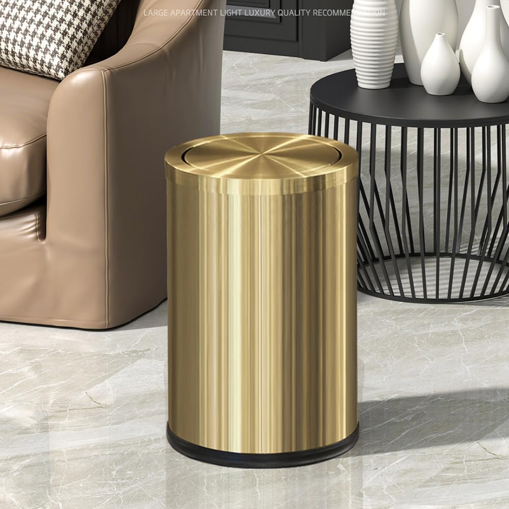 Small Trash Can with Flipping Lid,Gold Bathroom Garbage can with lid，2.4gallon,Brass Trash can for Bathroom,Laundry，Hotel，Office， Laundry Room ，Metallic Gold (Single)