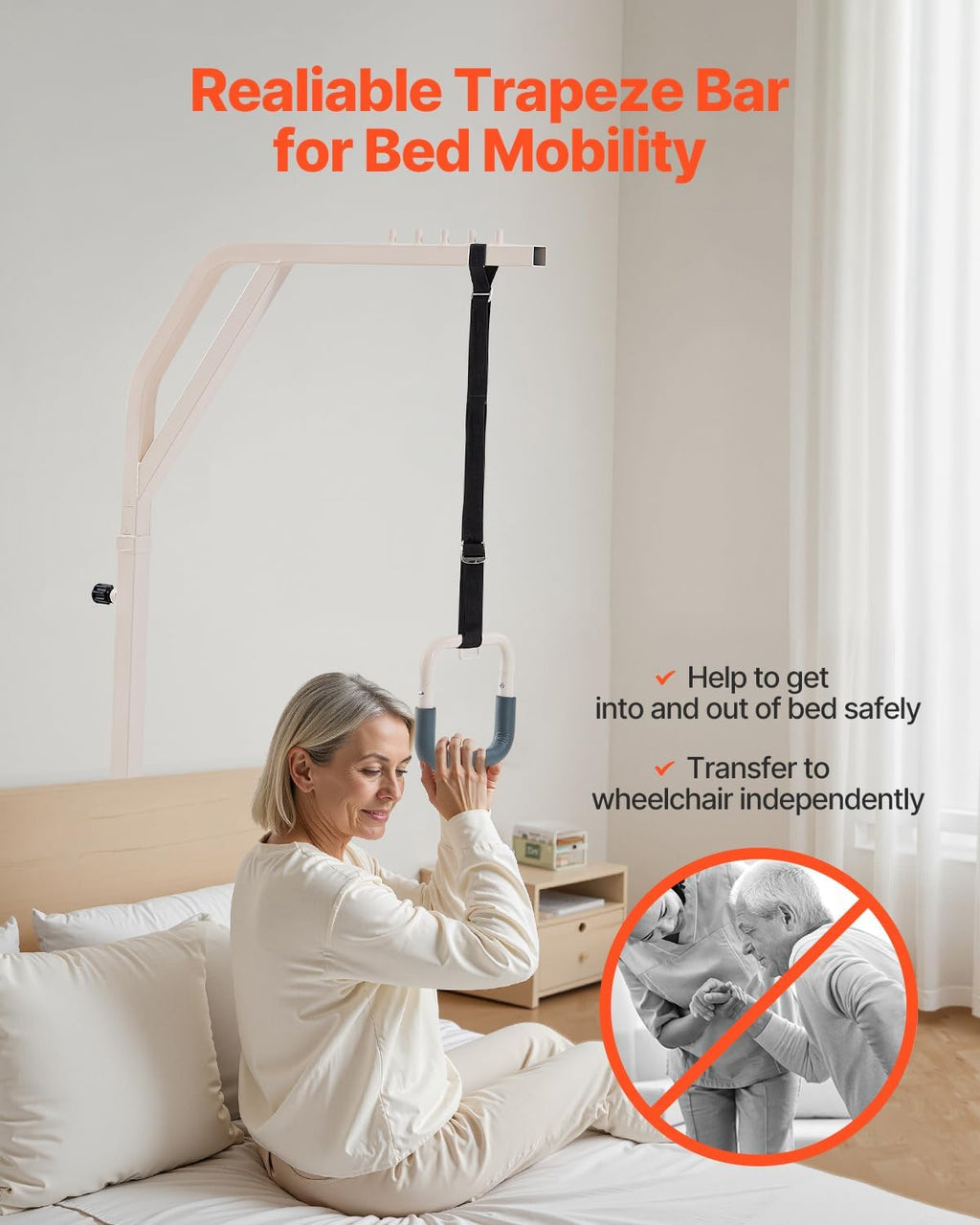 VEVOR Trapeze Bar for Bed Mobility, Height-Adjustable Free Standing Trapeze Bar with 2 Wheels, 300LBS Capacity Bed Pull Up Assist for Elderly Disabled, Ideal for Hospital, Nursing Home & Home Care