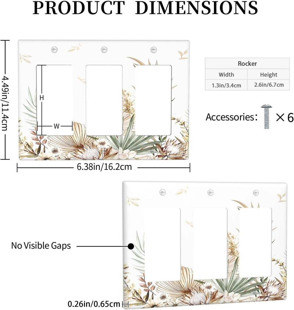 Light Switch Covers Boho Leaves Watercolor Tan Leaf Floral Plant 3 Gang Rocker Electrical GFCI Decorative Triple Outlet Wall Plate Cover Switchplate for Bedroom Home Decor