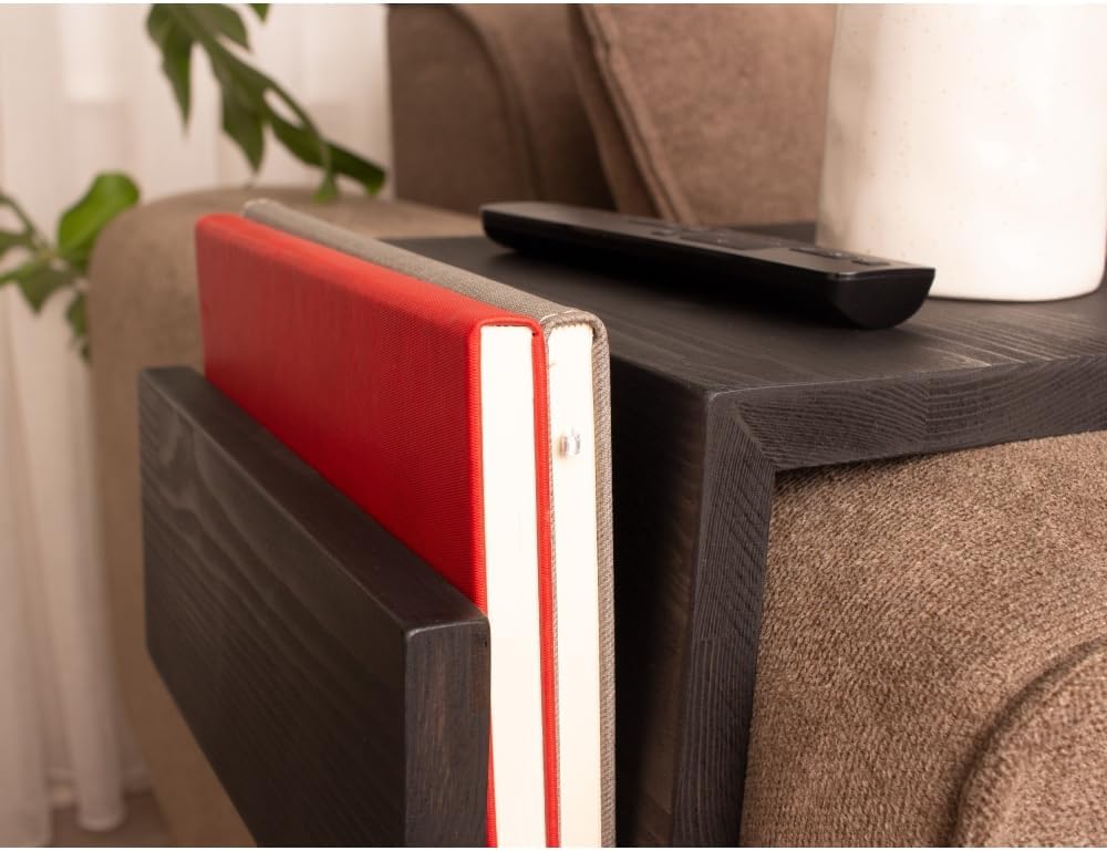 Wooden Couch Arm Tray – Sofa Armrest Table with Book & Magazine Holder, Perfect for Coffee & Remote Control, Solid Wood (Black)