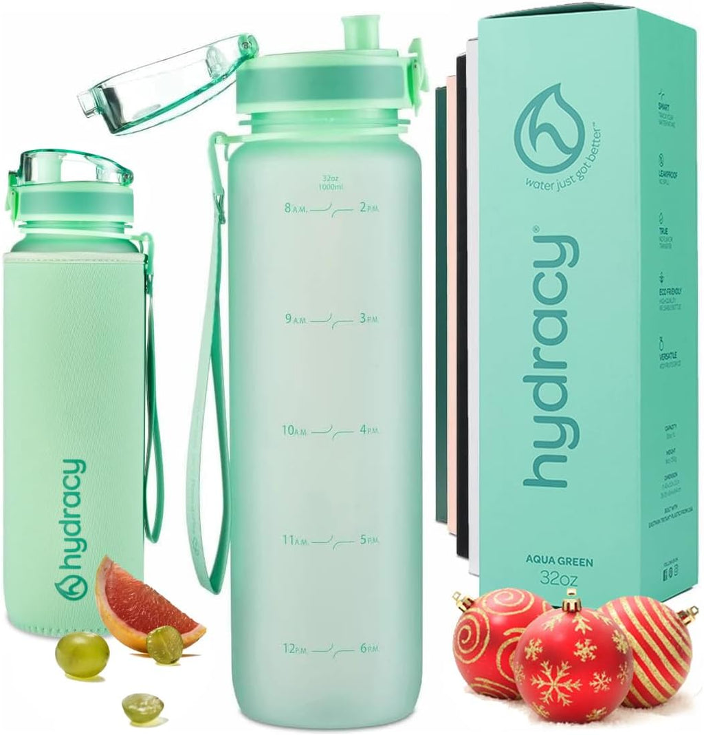 Hydracy Water Bottle with Time Marker -Large BPA Free Water Bottle & No Sweat Sleeve -Leak Proof Gym Bottle with Fruit Infuser Strainer & Times to Drink -Ideal for Fitness Sports & Outdoors